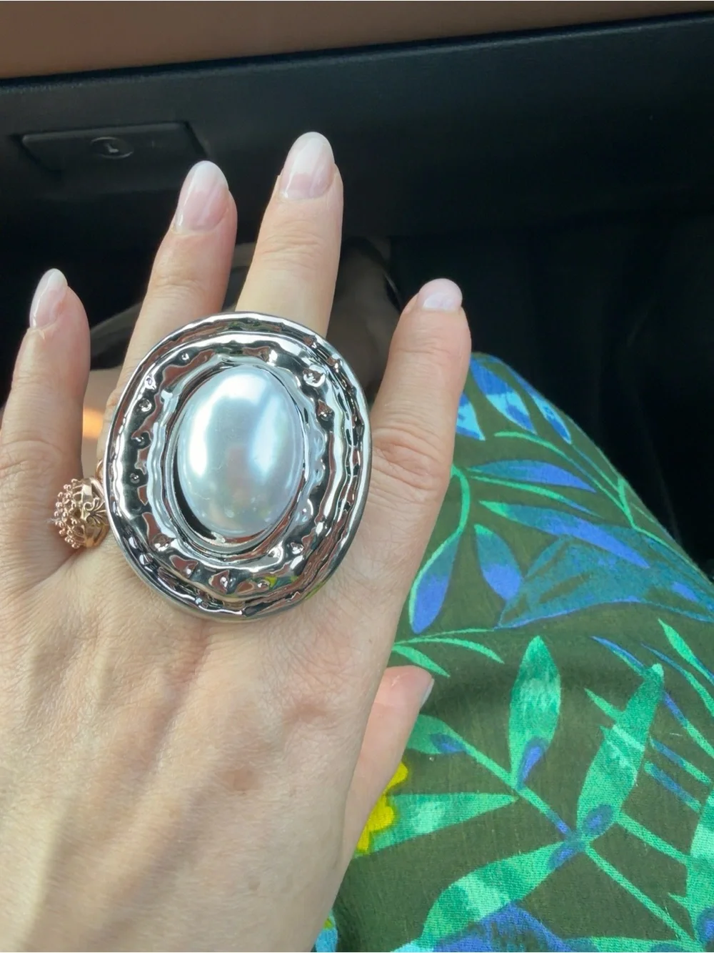 Silver-Tone Statement Pearl Cabochon Ring and Cuff Bracelet Set